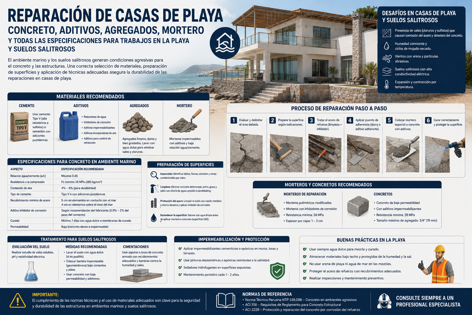 reparacion de cas de playa , concreto , aditivos, mrtero y todas las especificaciones de como hacer trabajos en la playa y suelos salitrosos