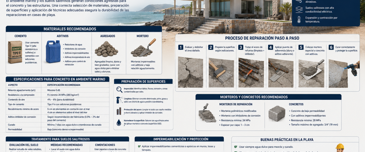reparacion de cas de playa , concreto , aditivos, mrtero y todas las especificaciones de como hacer trabajos en la playa y suelos salitrosos